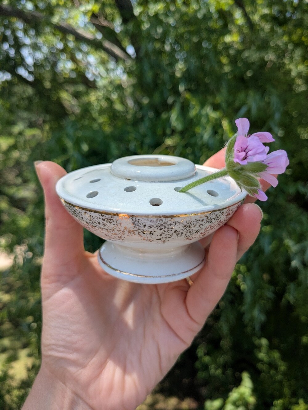 White Ceramic Flower Frog Vase with Gold Accents